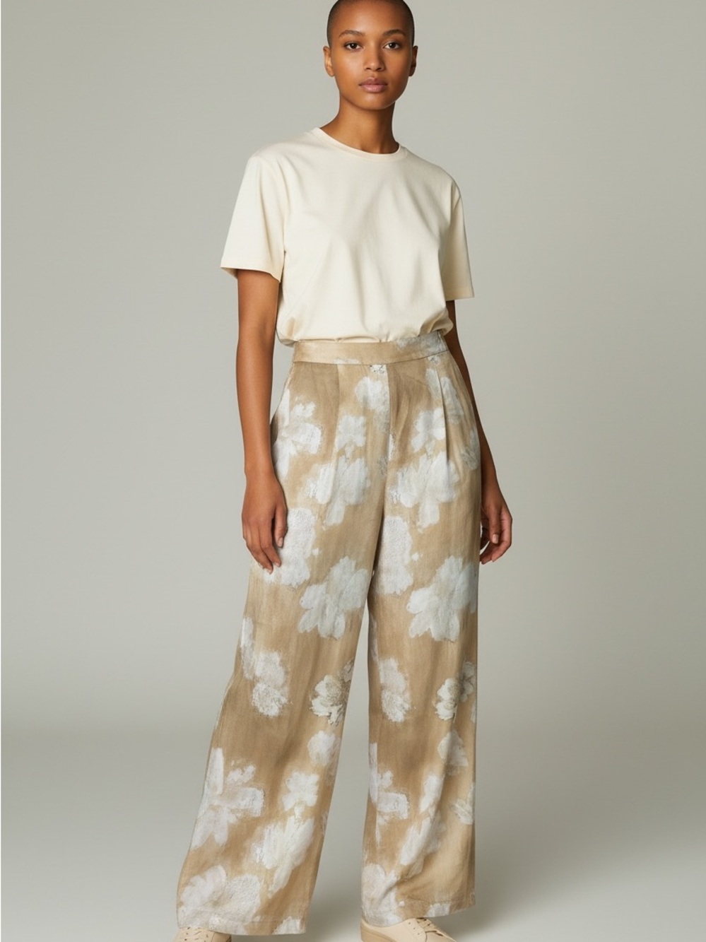Commense Beige Floral Wide-Leg Silk Blend Pants